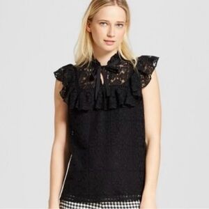 Who What Wear Black Lace Sleeveless Ruffled Blouse